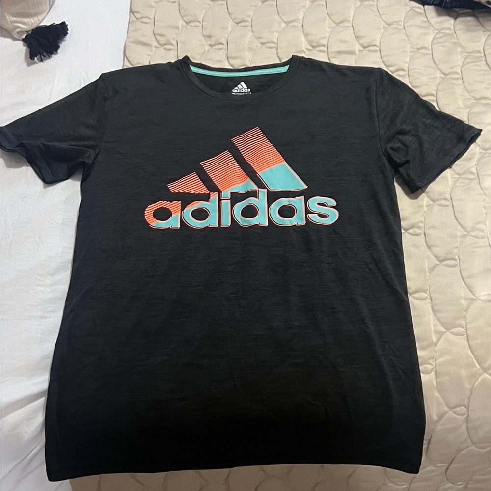 adidas Black Short Sleeve Tee with Coral and Teal Logo